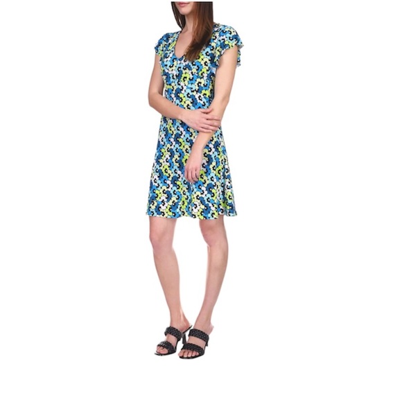 MICHAEL Michael Kors Women's 60s Floral Seamed Cap Flutter Sleeve Dress L - Picture 1 of 16